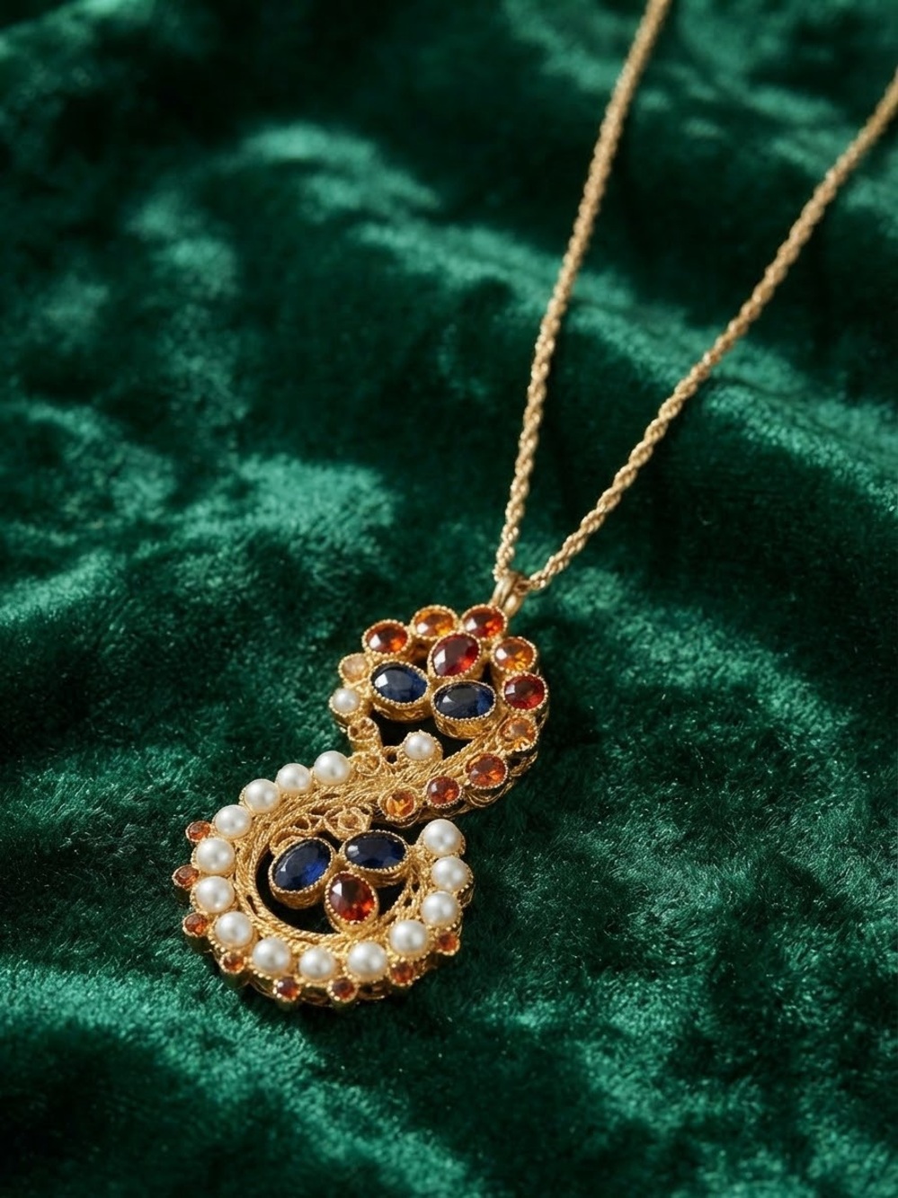 Ann Taylor Gold-Tone Pendant Necklace with Blue, Red and Pearl Accents